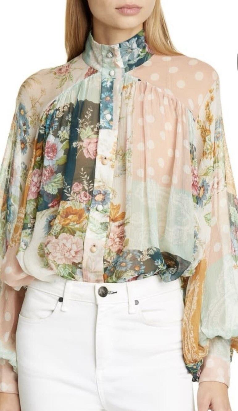 Zimmermann Wavelength Blouse Size 8 Silk Patchwork High Neck Top RARE